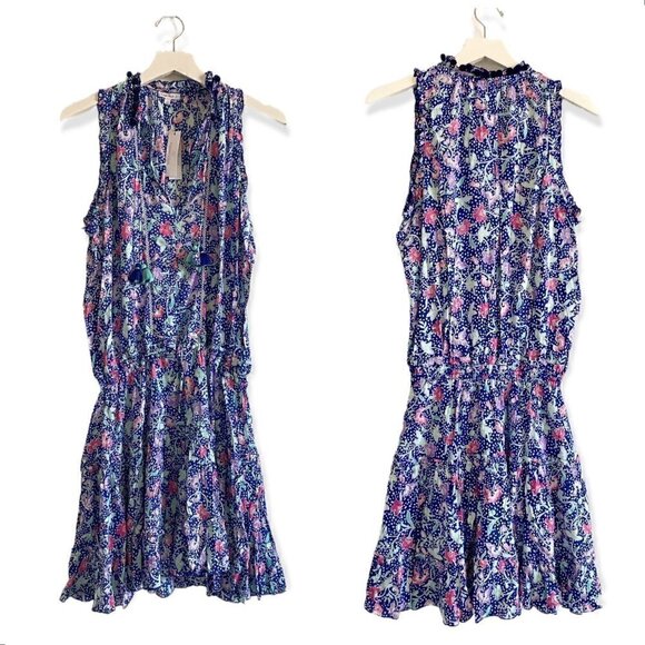 NWT Poupette St Barth Clara Ruffled Mini Dress in Blue Cary,  size L - Picture 2 of 12